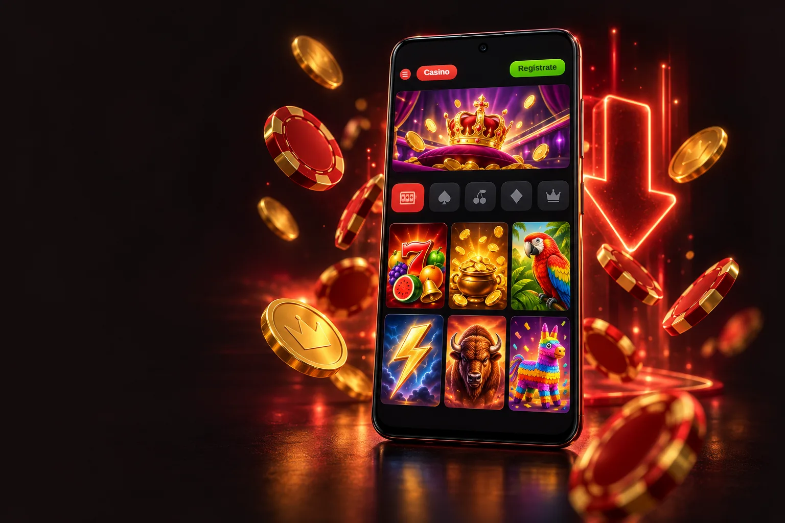 Teléfono Android con el lobby de Betk Casino abierto y fichas rojas alrededor